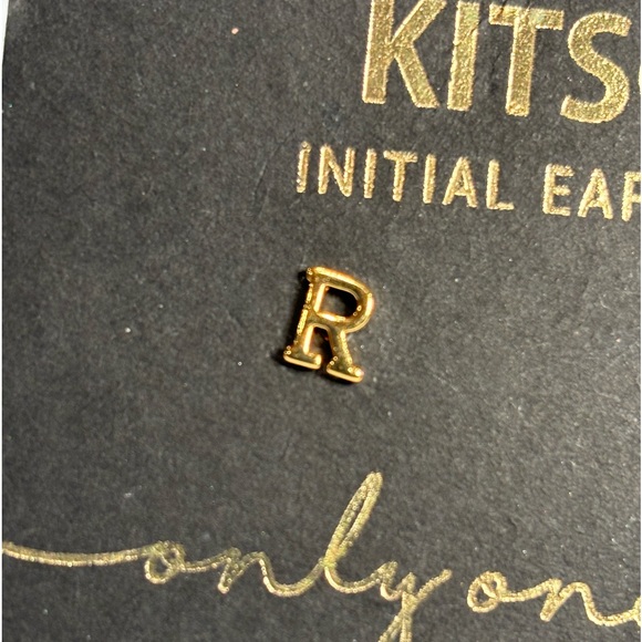 Earrings one with initial R the other one is a rhinestone. Gold toned. - Picture 2 of 6
